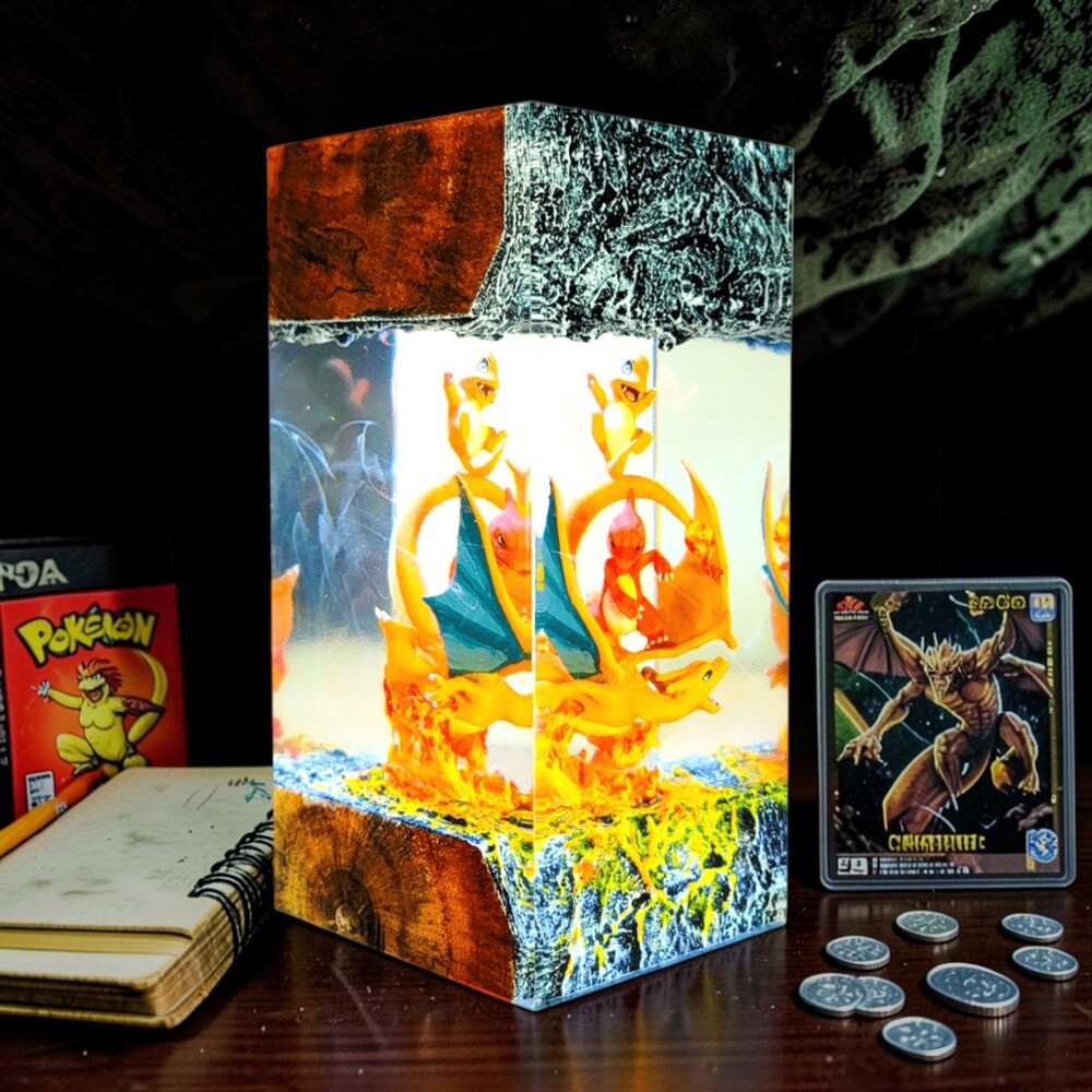 Charizard Lamp: Handcrafted Pokemon Resin & Burl Wood Art - Image 3