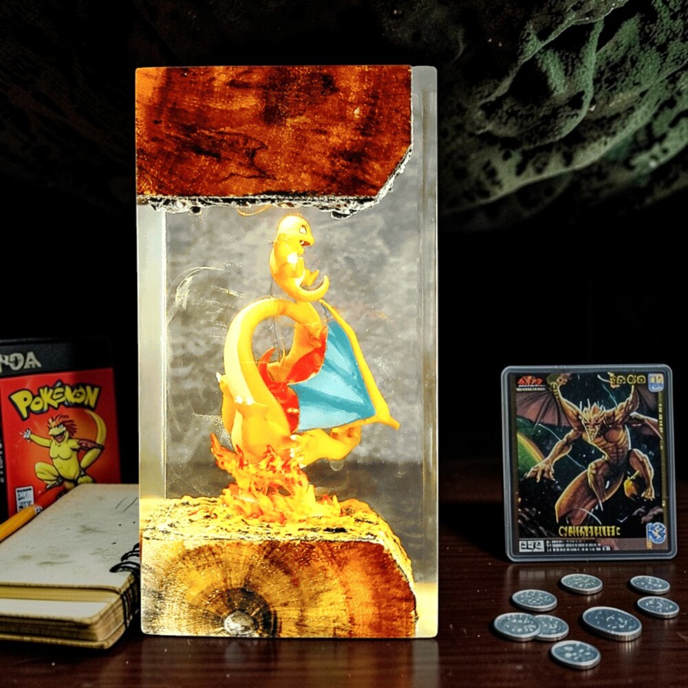 Charizard Lamp: Handcrafted Pokemon Resin & Burl Wood Art - Image 6