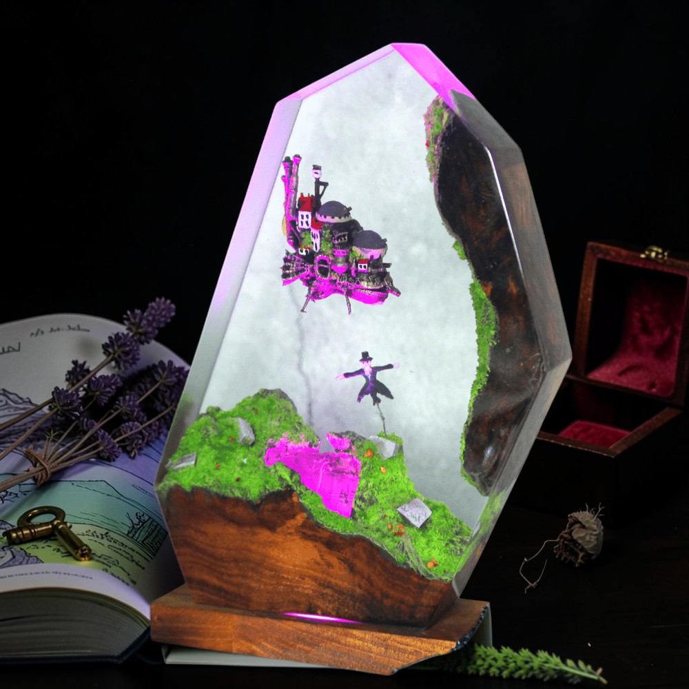howl's moving castle resin wood lamp