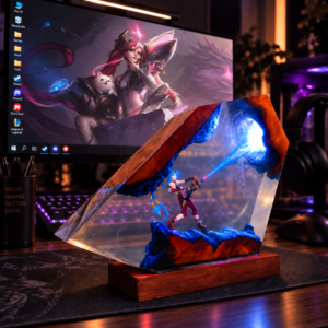 Handcrafted Jinx Resin Lamp – League of Legends Arcane Diorama Faceted Burl Wood Night Light