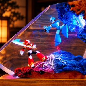 Alternative view of Handmade Mega Man X vs Zero Resin Lamp | Classic Anime Gift, Maverick Duel Diorama, Retro Cyberpunk Wood Desk Light