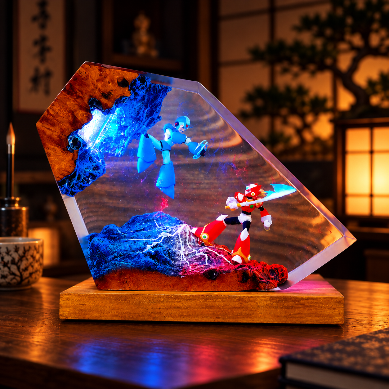 Handmade Mega Man X vs Zero Resin Lamp | Classic Anime Gift, Maverick Duel Diorama, Retro Cyberpunk Wood Desk Light - Image 7