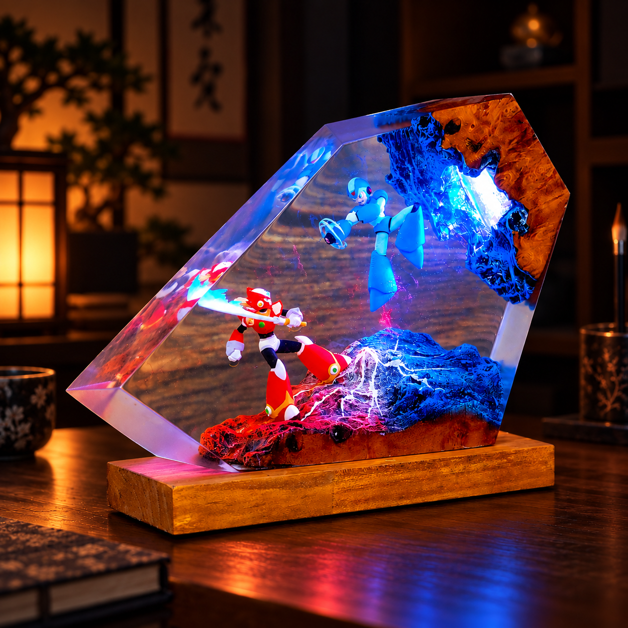 Handmade Mega Man X vs Zero Resin Lamp | Classic Anime Gift, Maverick Duel Diorama, Retro Cyberpunk Wood Desk Light - Image 6