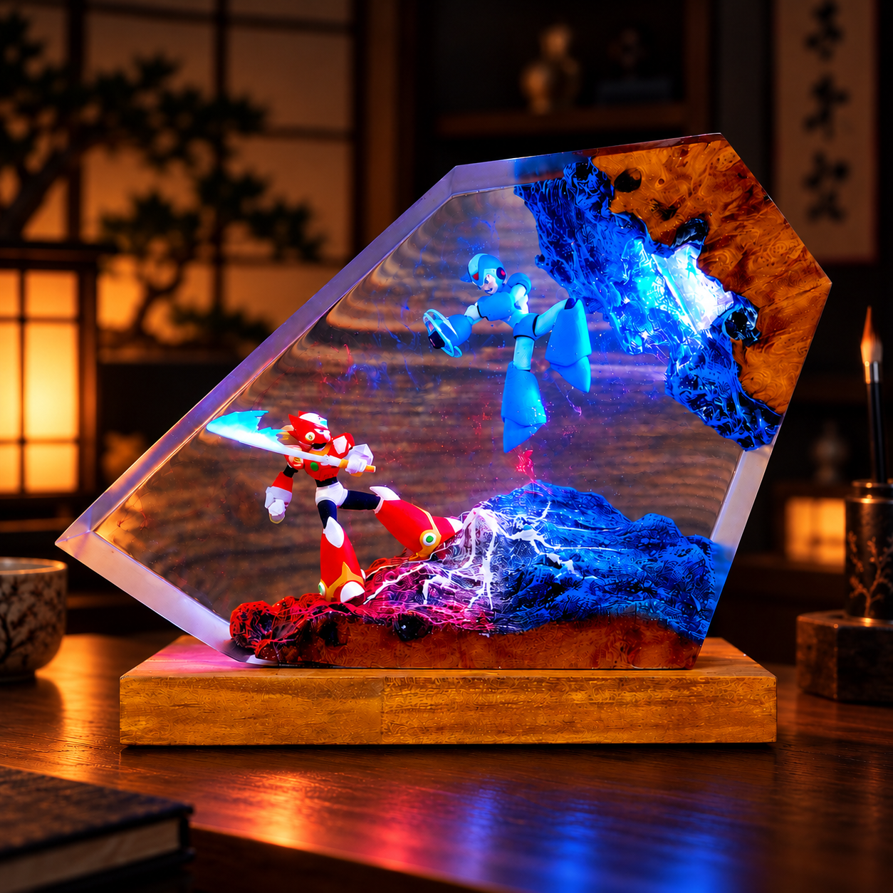 Handmade Mega Man X vs Zero Resin Lamp | Classic Anime Gift, Maverick Duel Diorama, Retro Cyberpunk Wood Desk Light - Image 4