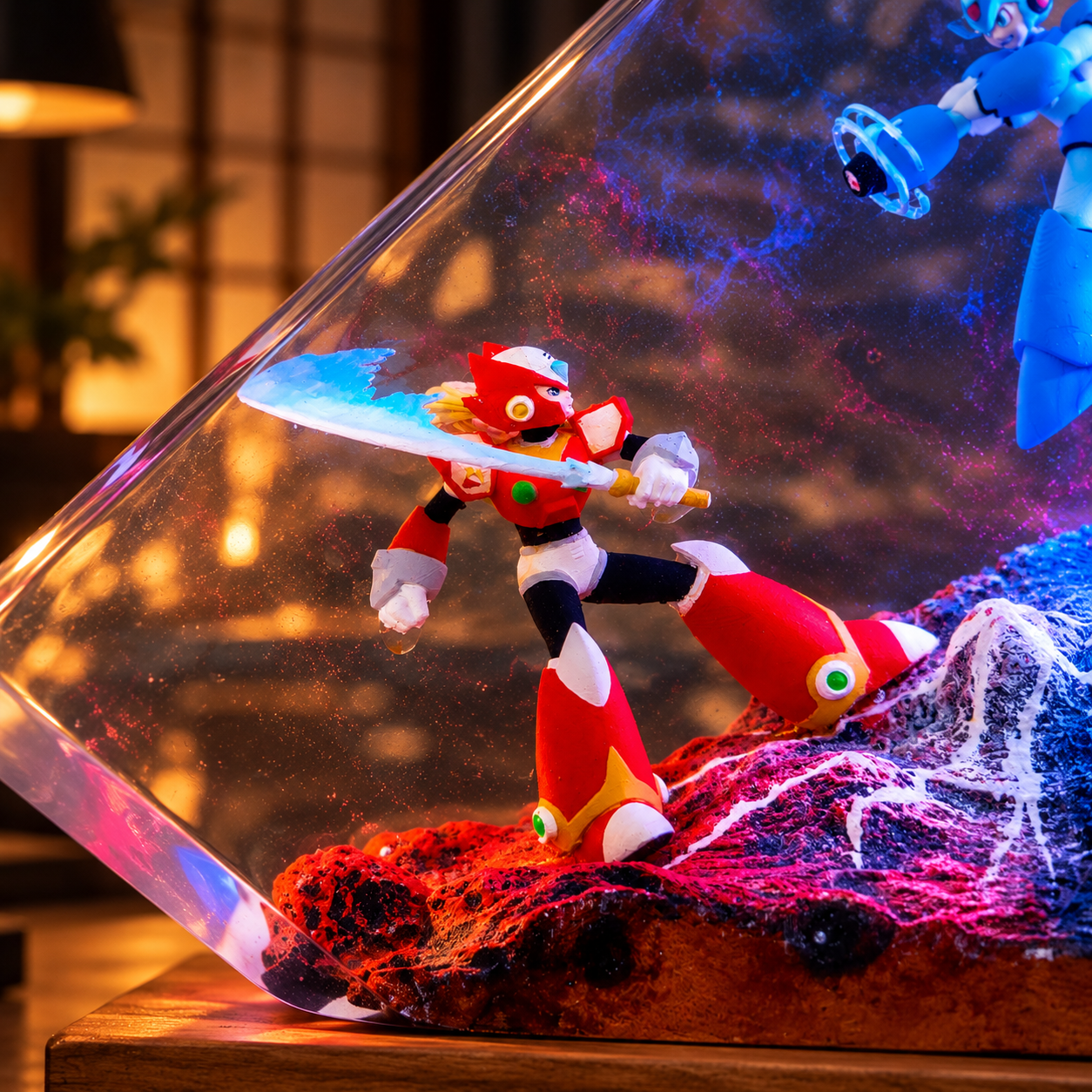 Handmade Mega Man X vs Zero Resin Lamp | Classic Anime Gift, Maverick Duel Diorama, Retro Cyberpunk Wood Desk Light - Image 3