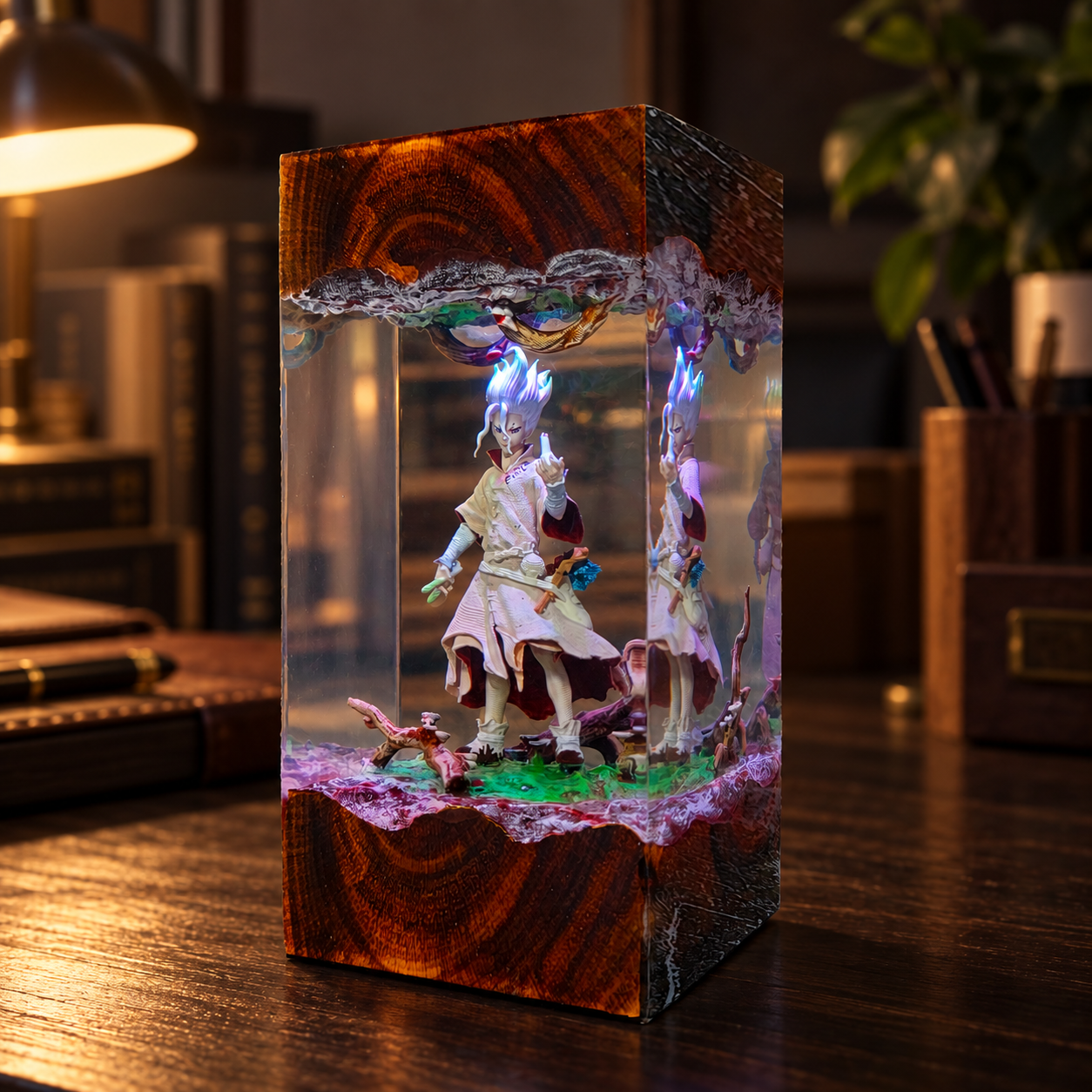 Handmade Dr Stone Resin Lamp | Senku Ishigami Diorama Gift, Kingdom of Science Anime Wood Night Light - Image 4