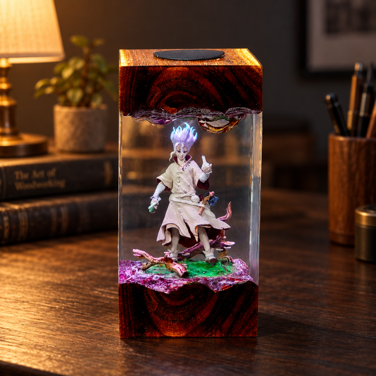 Handmade Dr Stone Resin Lamp | Senku Ishigami Diorama Gift, Kingdom of Science Anime Wood Night Light - Image 3