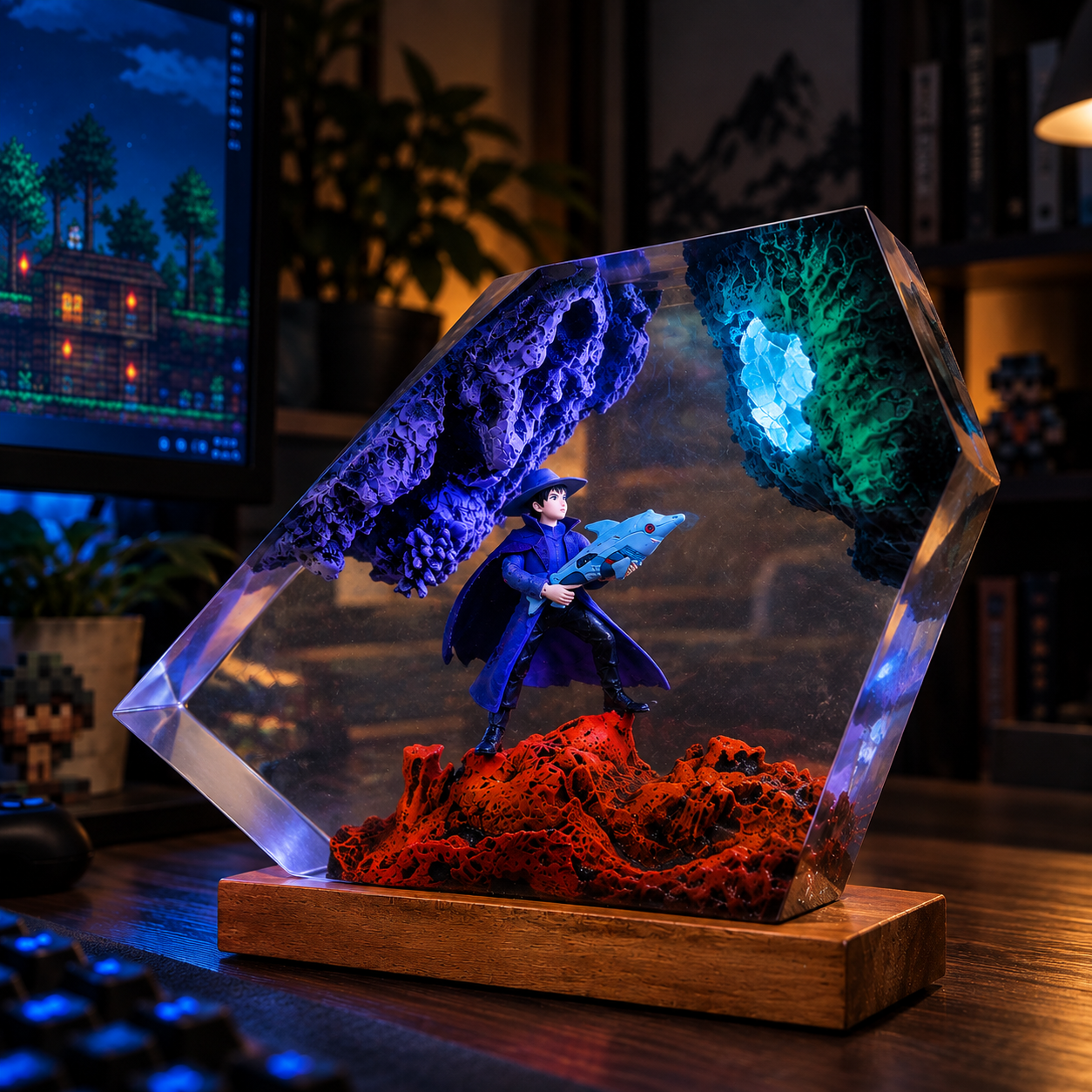 Handmade Terraria Resin Lamp | Space Dolphin Machine Gun Diorama, Gaming Gifts - Image 3
